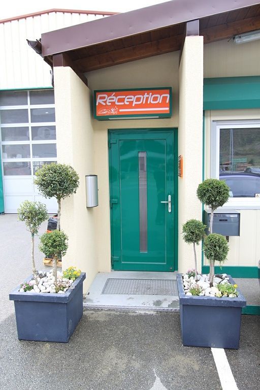 porte verte avec plantes en pot