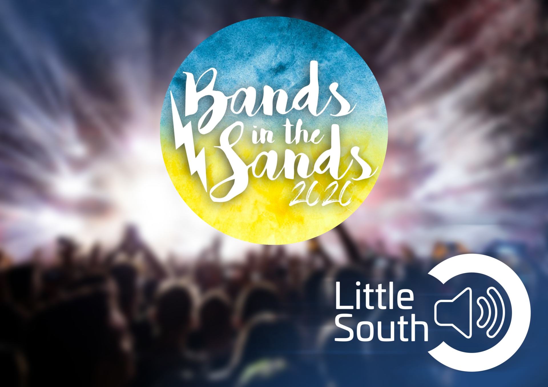 A logo for bands in the sands with a crowd in the background