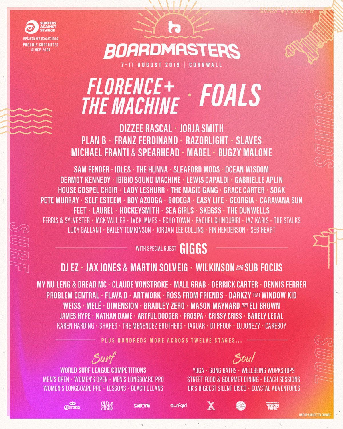 A poster for boardmasters featuring florence + the machine and foals
