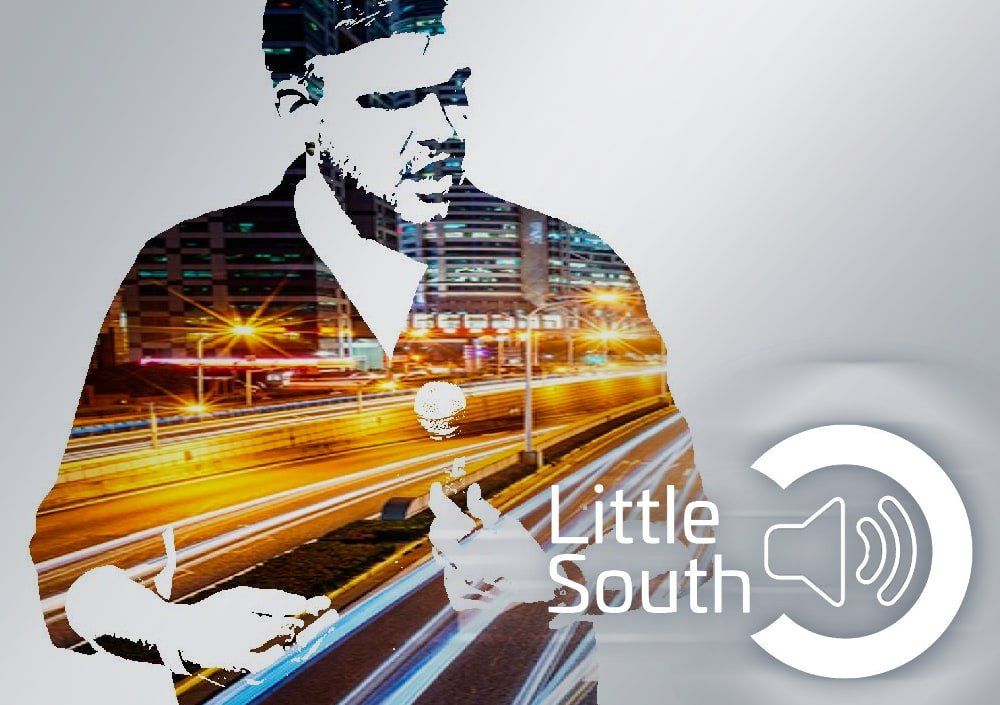 A silhouette of a man with the words little south below him