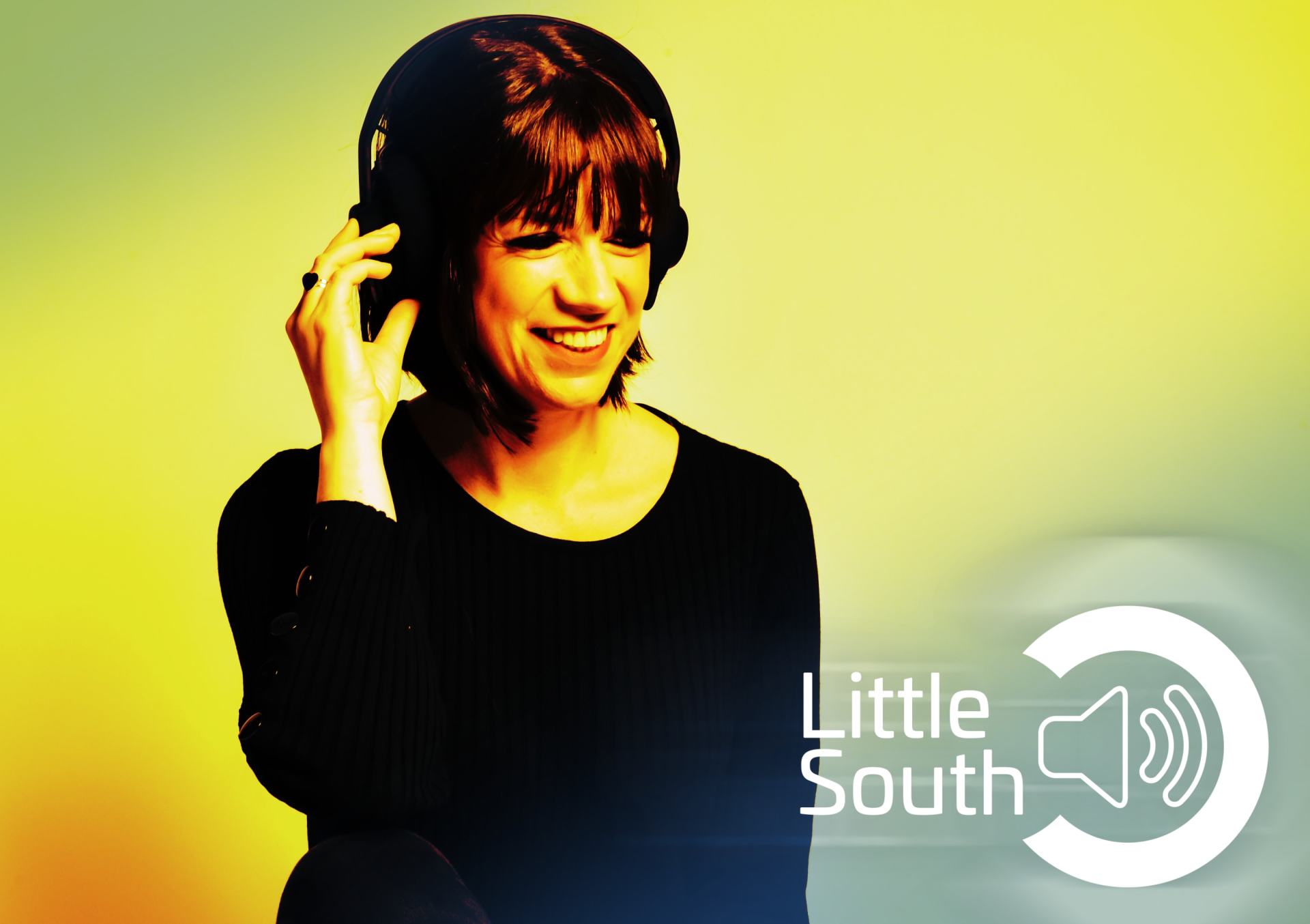 A woman wearing headphones with the words little south below her