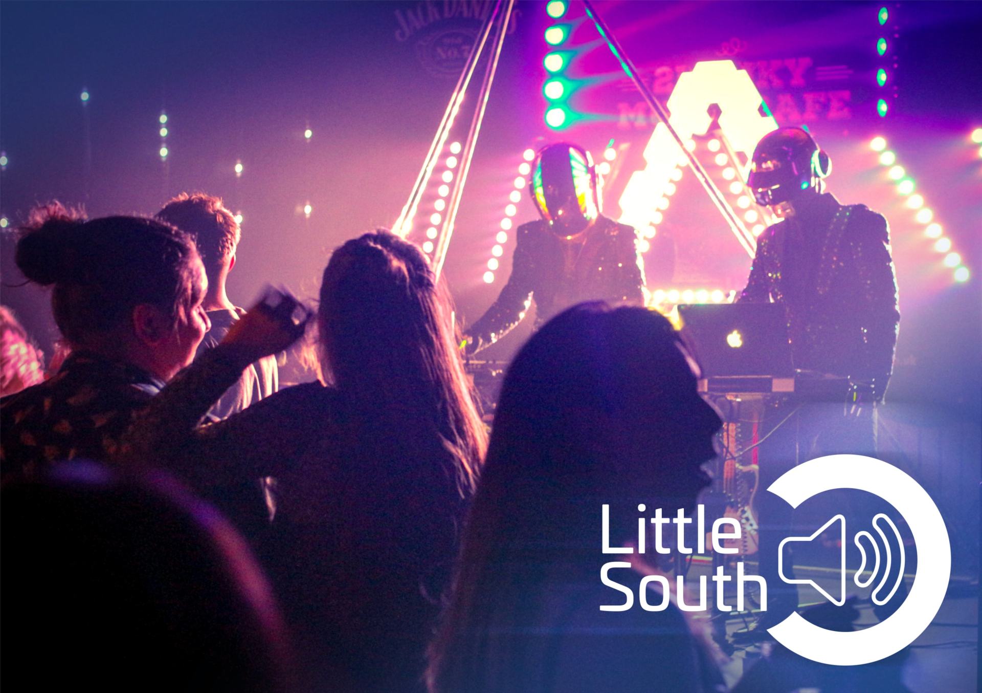 A group of people at a concert with the words little south on the bottom