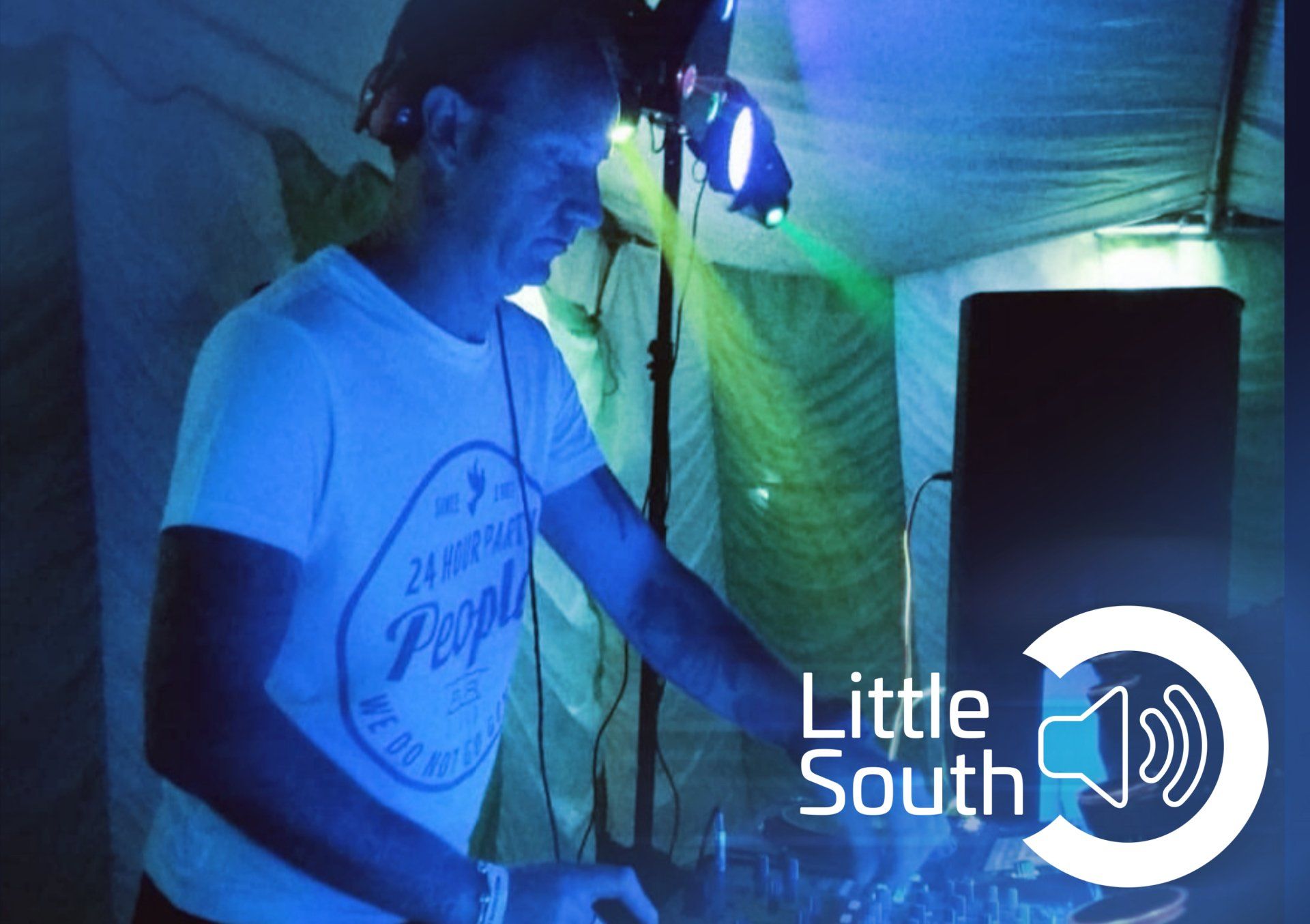 A man in a white shirt is playing music in a little south logo