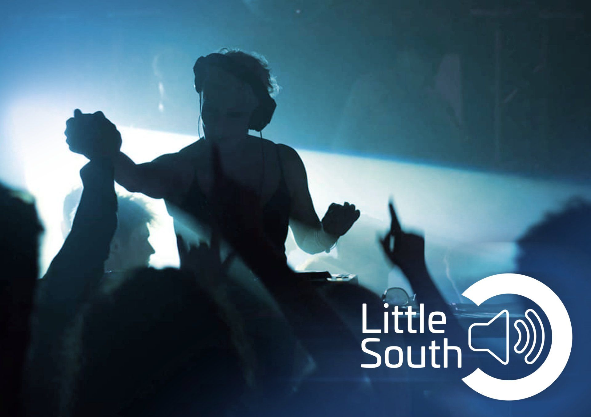 A silhouette of a woman dancing in front of a crowd with the words little south on the bottom