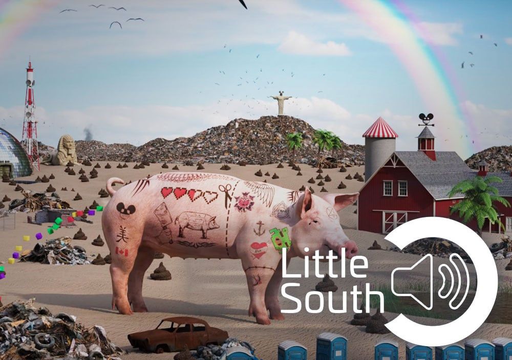 A pig with graffiti on it 's body is standing in the middle of a desert.