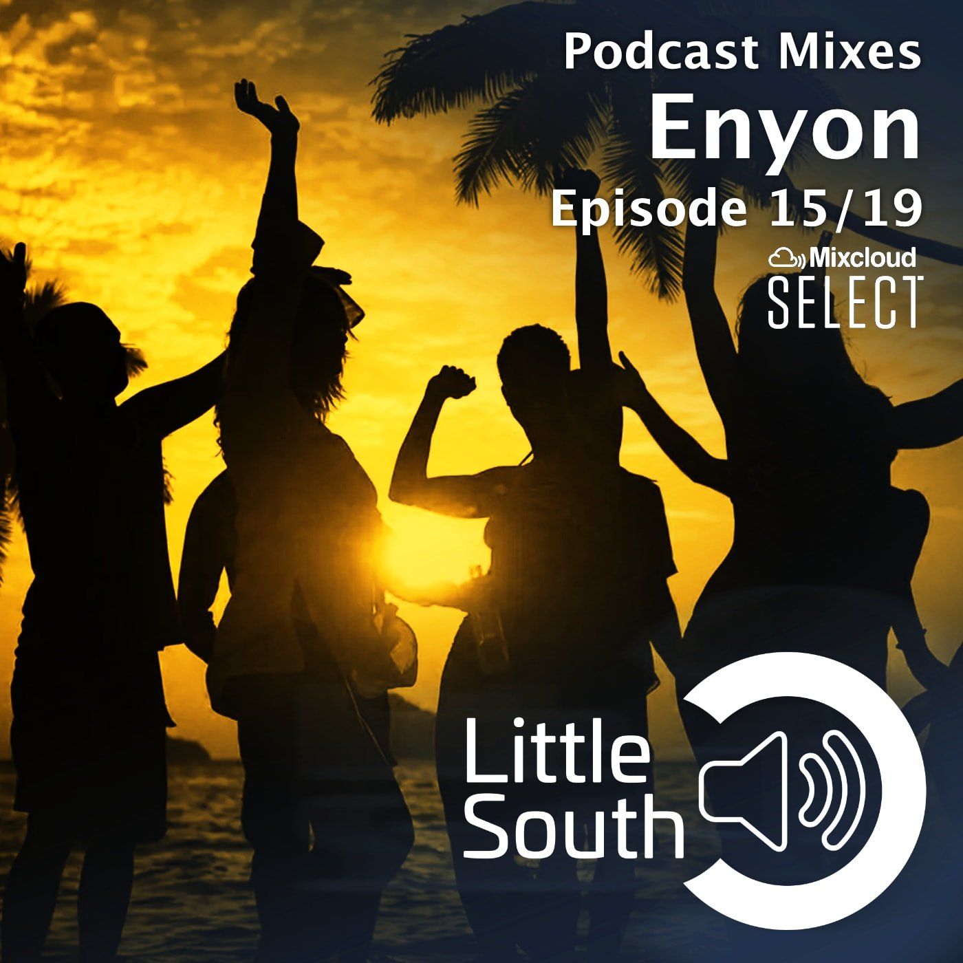 A group of people dancing on a beach with the words podcast mixes enyon episode 15/19
