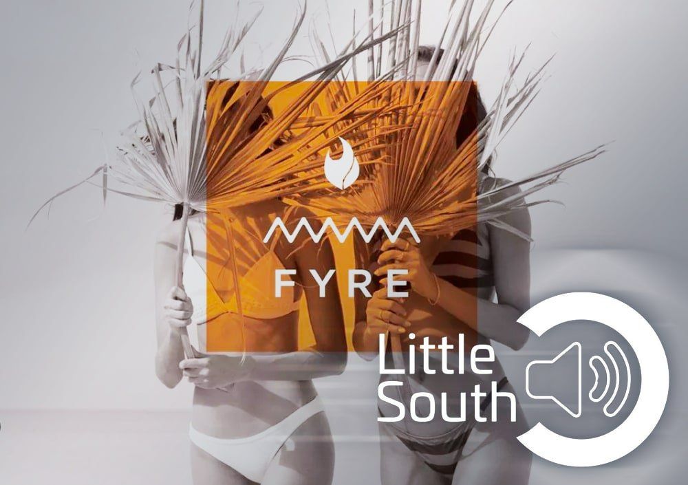 A woman in a bikini is holding a box that says fyre little south