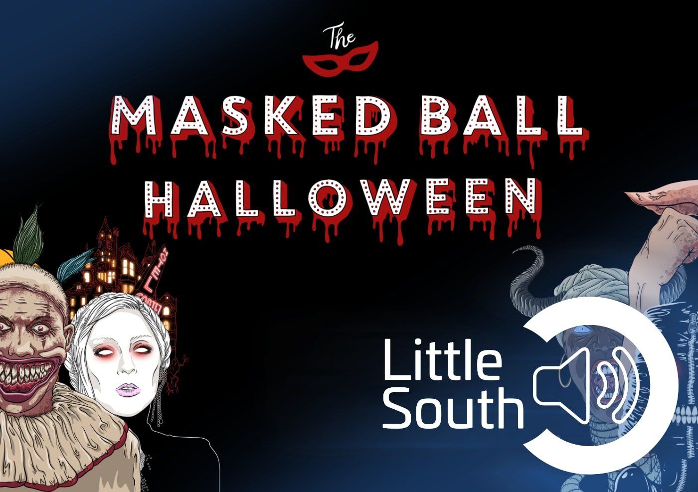 A poster for the masked ball halloween in little south