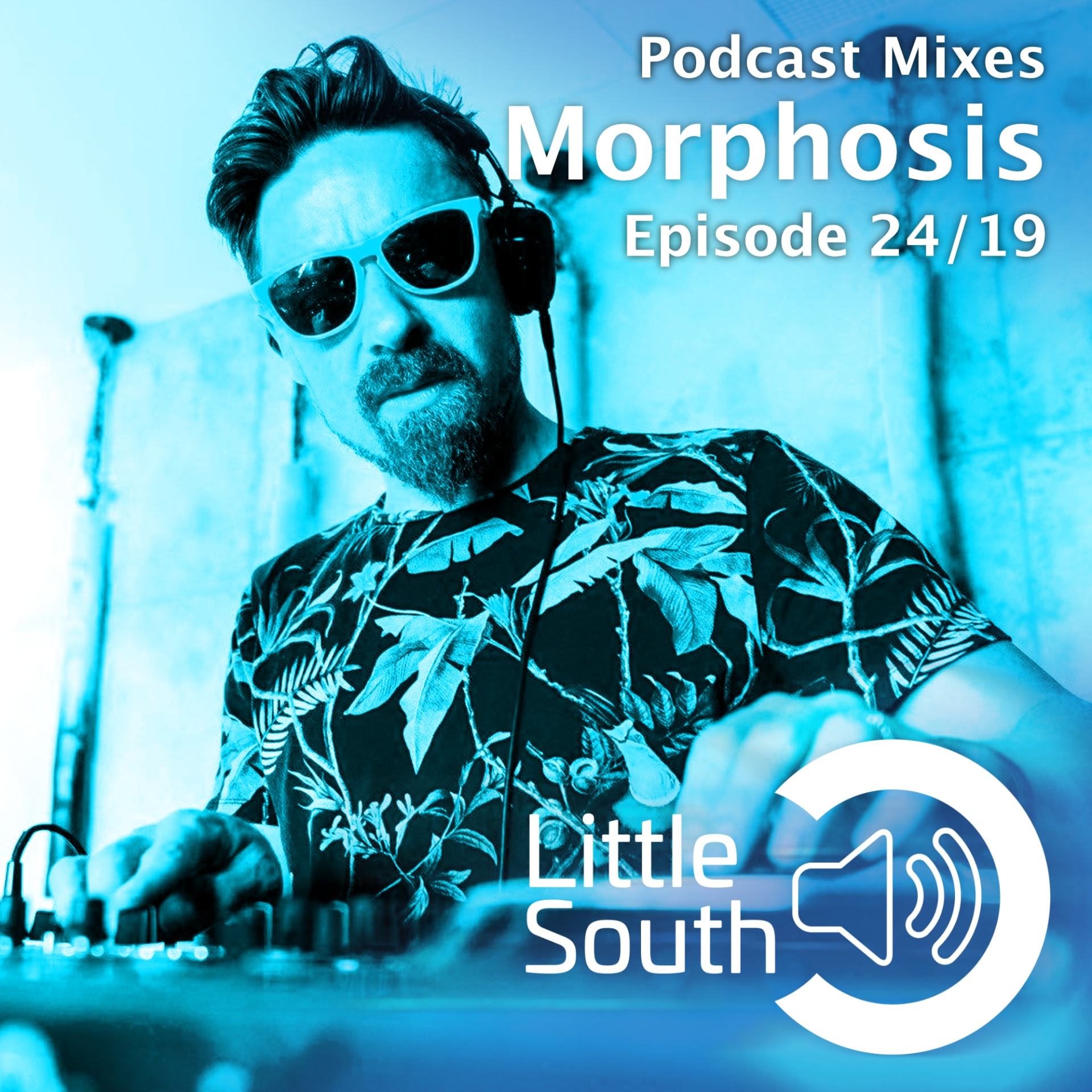 A man wearing sunglasses and headphones is playing a dj set for podcast mixes morphosis episode 24/19