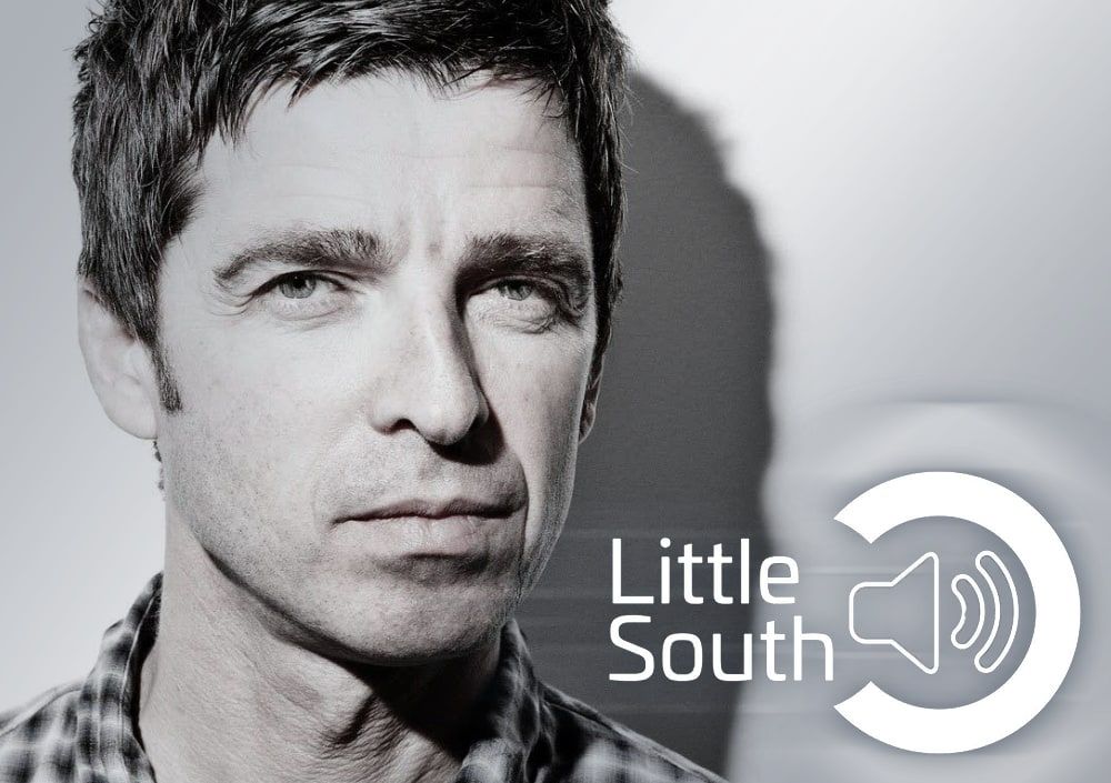 A black and white photo of a man with the words little south below him