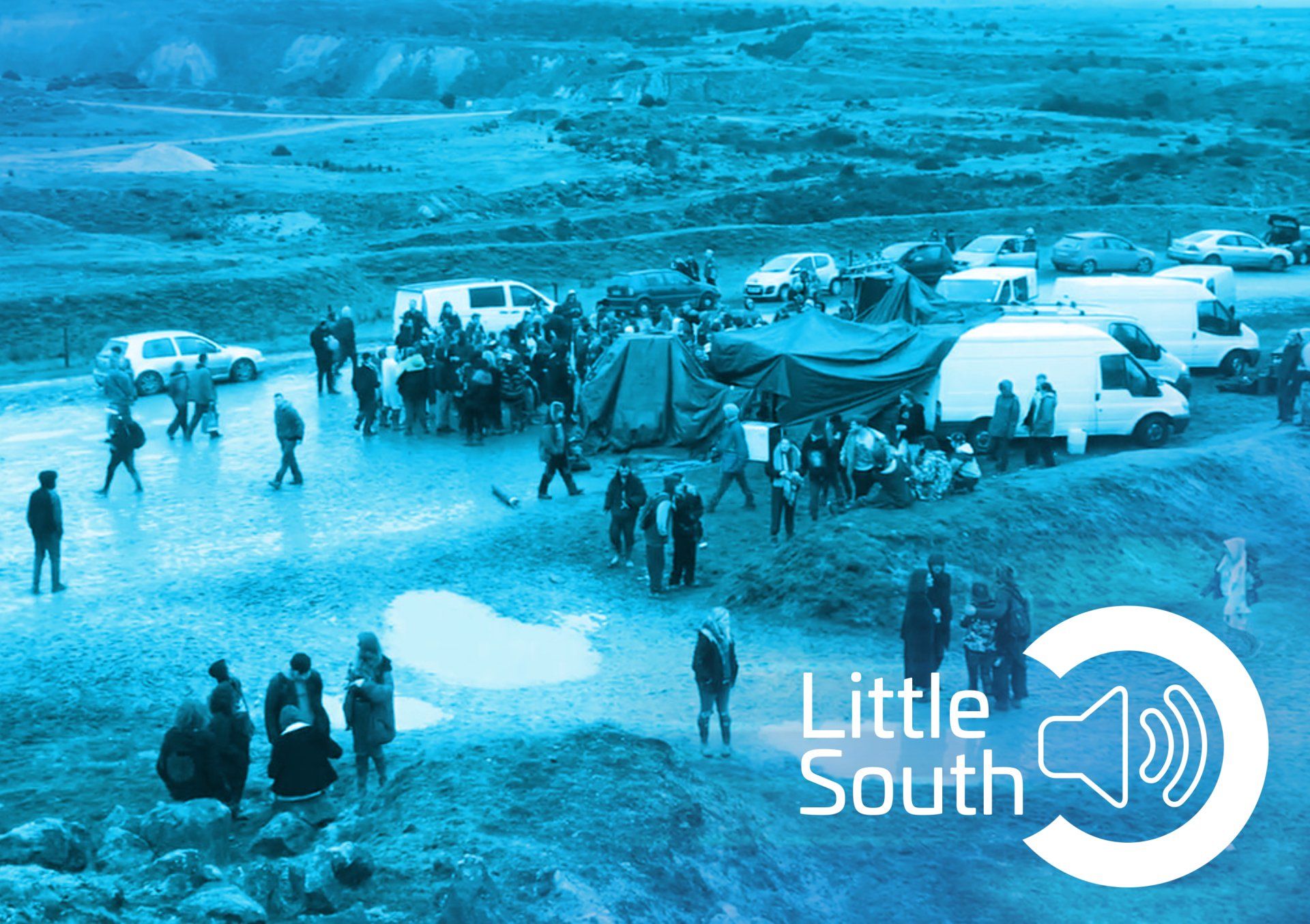 A group of people are gathered in a field with the words little south on the bottom