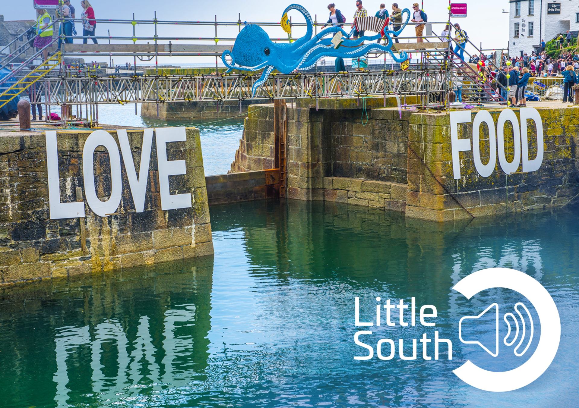 A bridge with the words love and food painted on it