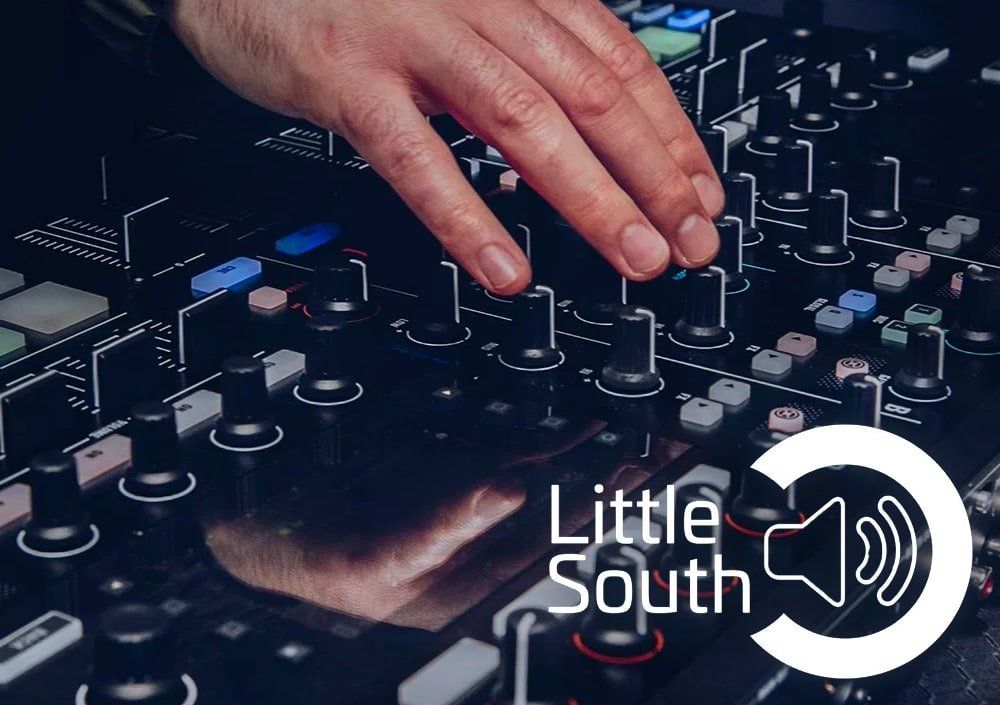 A person is using a mixer with the words little south on the bottom