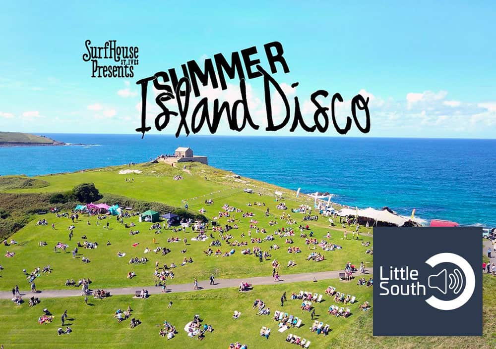 A poster for summer island disco shows a large grassy hill overlooking the ocean