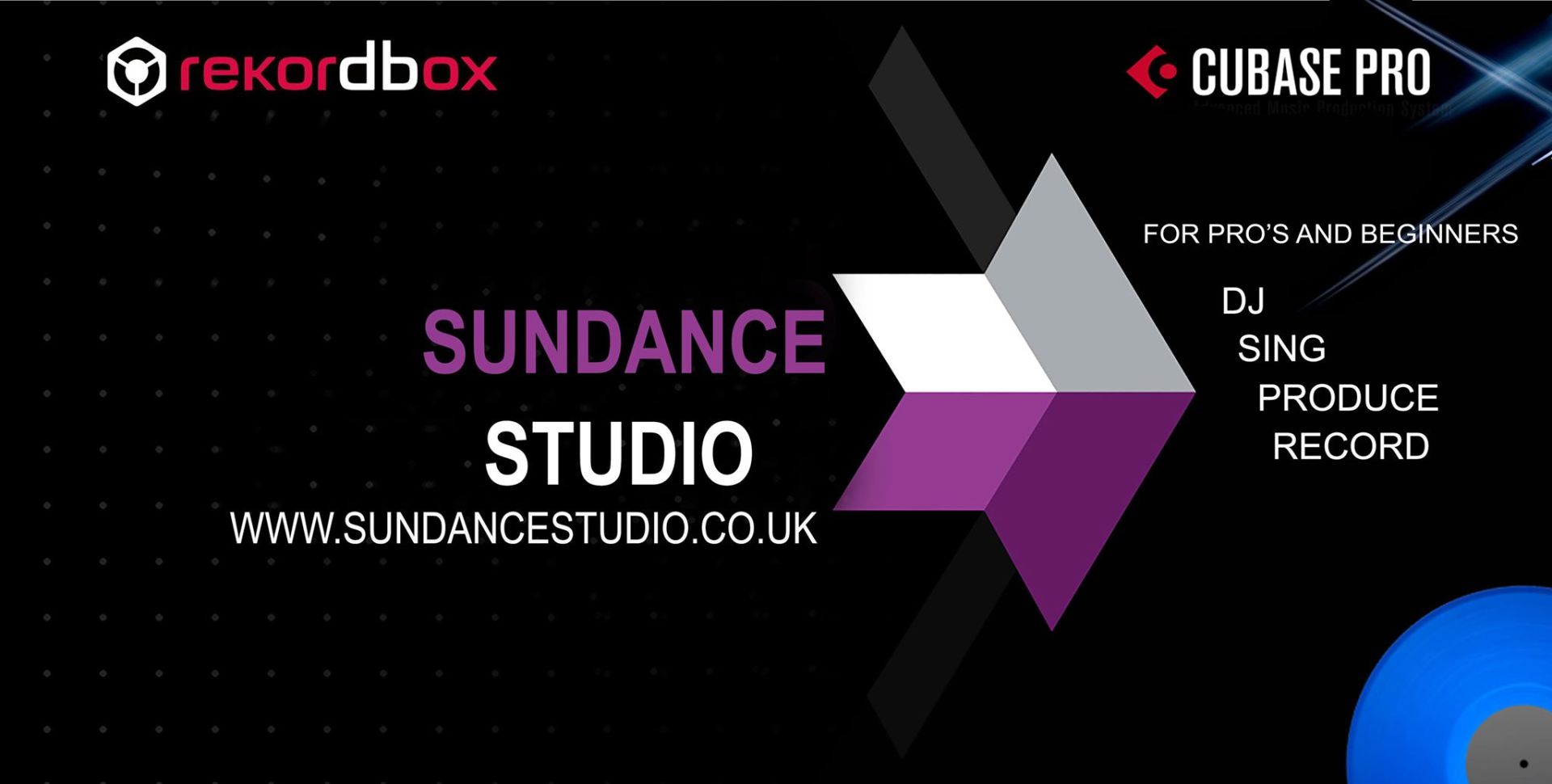 A sundance studio logo with a blue record in the background