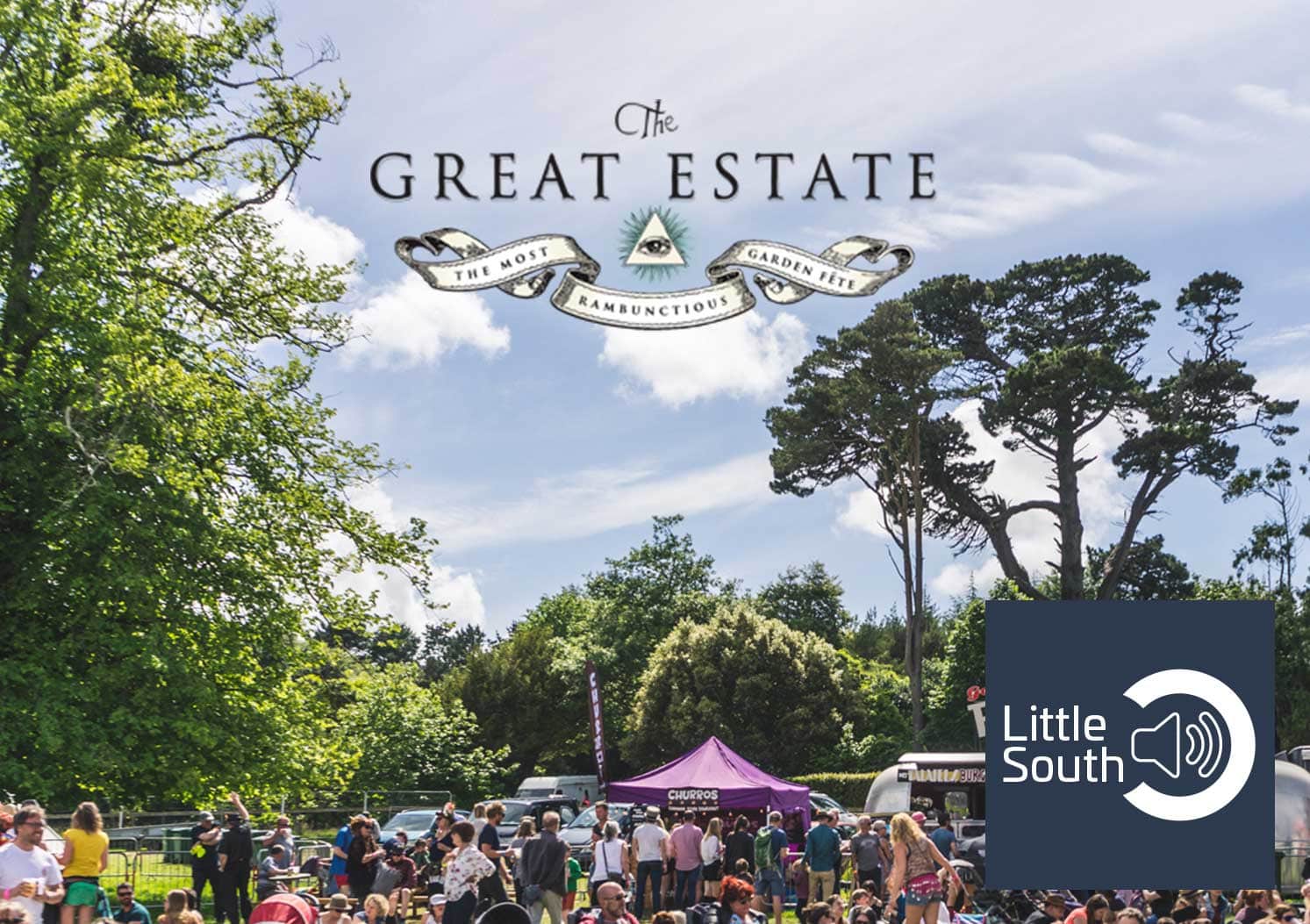 A group of people are gathered in a park under a sign that says great estate