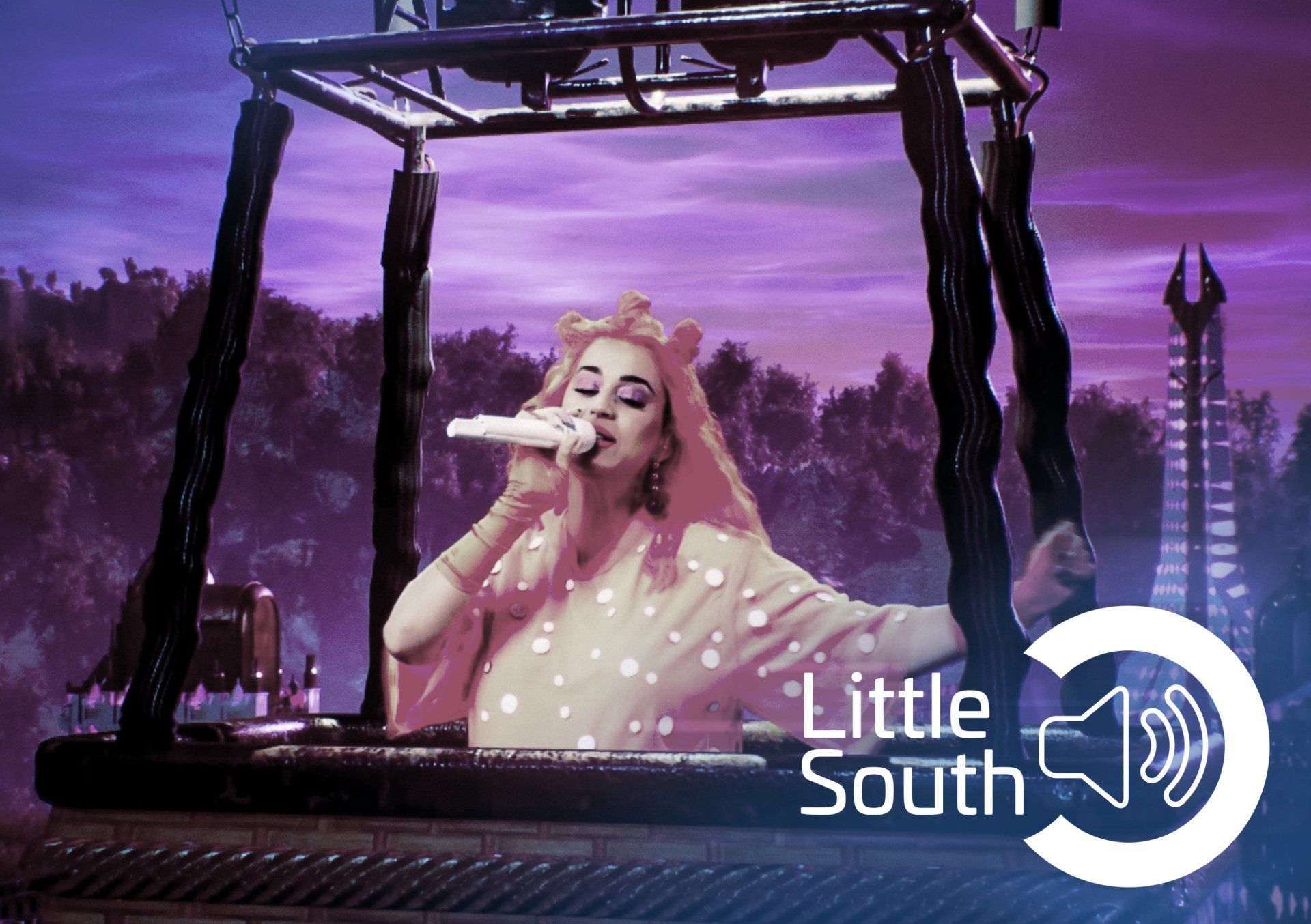 A woman singing into a microphone with the words little south on the bottom