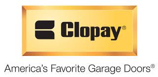Clopay logo, black text on gold rectangle, with tagline: America's Favorite Garage Doors.