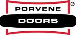 Porvene Doors logo with text in white against black oval, red accents and border.