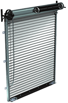 Metal roll-up security shutter, partially opened, mounted on a wall.