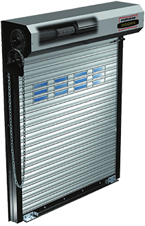 Rolling steel security shutter with perforated sections.