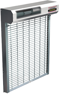 Metal security gate, rolled up in a silver housing, mounted on a wall. Grid-like design for visibility.