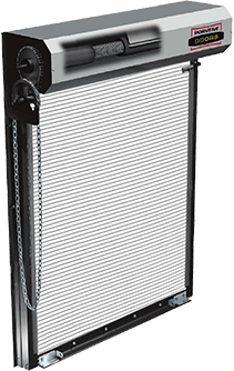 Rolling steel security door, silver and black, partially open, with chain hoist on side.