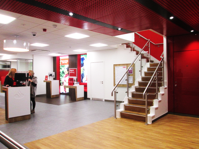 Santander branch entrance and reception and staircase Refurbishment of Bank Cornwall