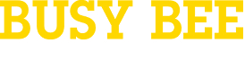 The word busy bee is written in yellow letters on a white background.