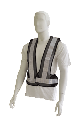 A mannequin wearing a reflective vest and a white shirt.