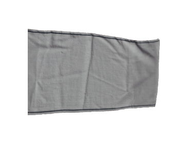 A gray towel with a black border on a white background