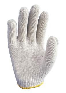 A white knitted glove with a yellow stripe on the bottom on a white background.