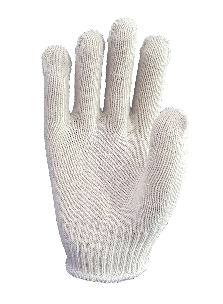 A white knitted glove is shown on a white background.