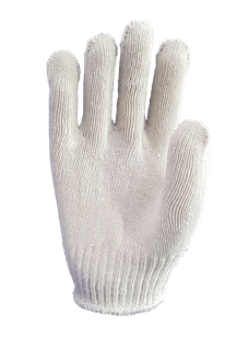 A white knitted glove is shown on a white background.