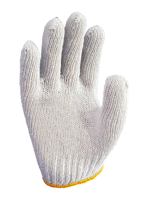 A white knitted glove with a yellow stripe on the bottom on a white background.