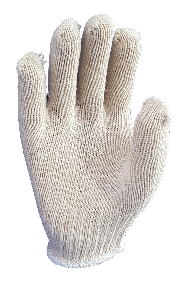 A close up of a white knitted glove on a white background.