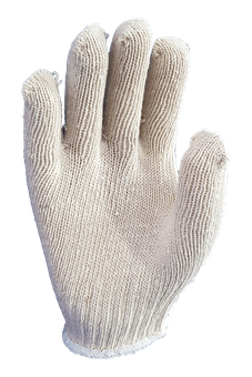A close up of a white knitted glove on a white background.