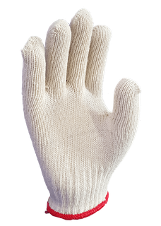A white knitted glove with a red cuff on a white background.