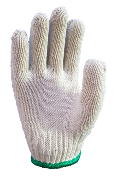 A white knitted glove with a green rubber band on a white background.