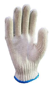 A pair of white knitted gloves with a blue rubber band on a white background.