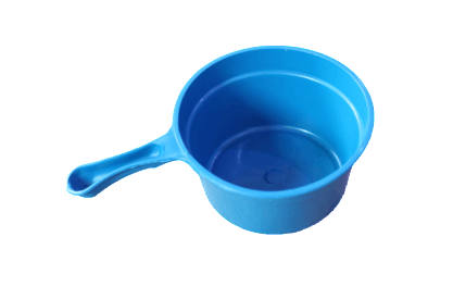A blue plastic pot with a handle on a white background
