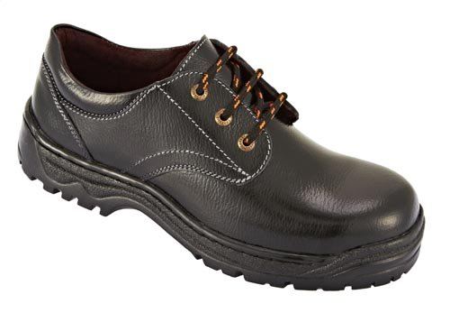 A pair of black leather shoes with laces on a white background.