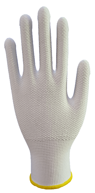A close up of a white glove on a white background.