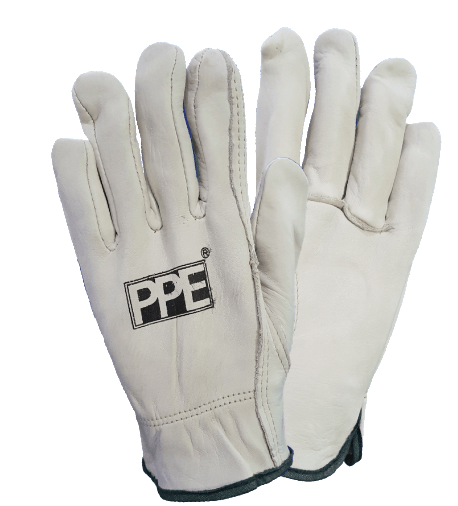 A pair of white leather gloves with the word ppe on them