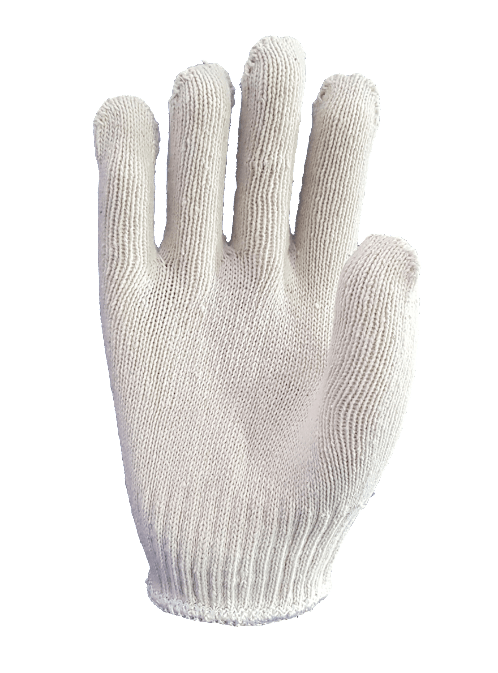 A pair of white knitted gloves on a white background.