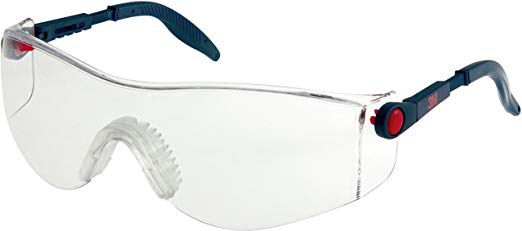 A pair of safety glasses with clear lenses on a white background.