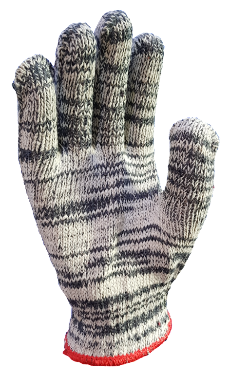 A close up of a knitted glove on a white background.