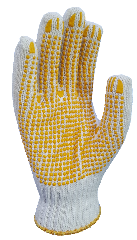 A pair of white gloves with yellow dots on them on a white background.
