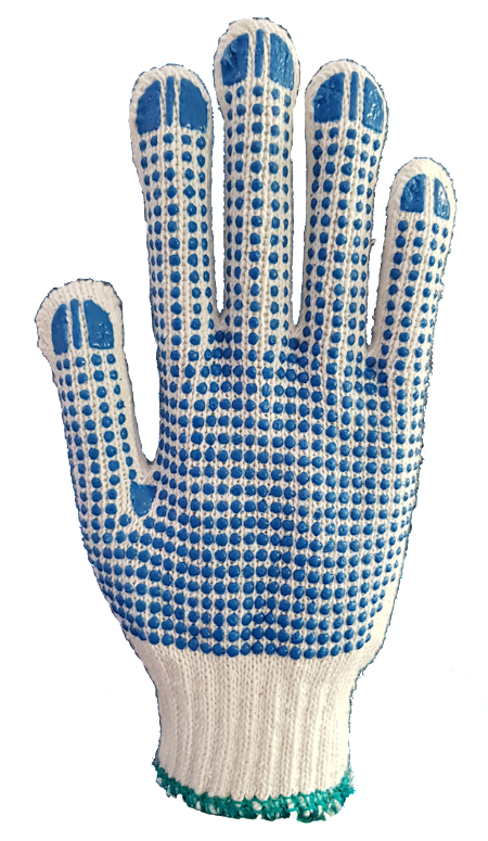 A close up of a blue and white glove on a white background.