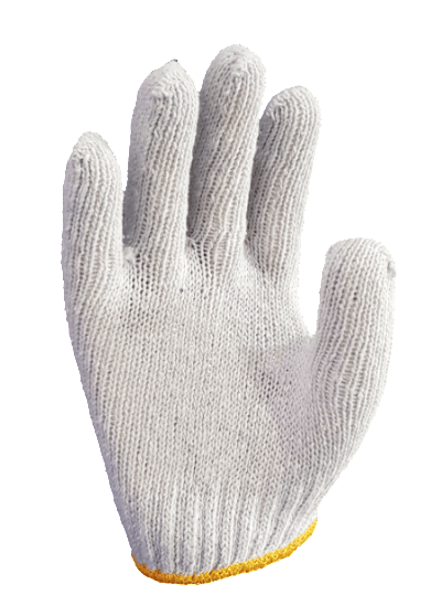A close up of a white glove with a yellow stripe on the bottom on a white background.